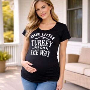 Thanksgiving Our Little Turkey Is On The Way Maternity T-Shirt Black Womens S‎